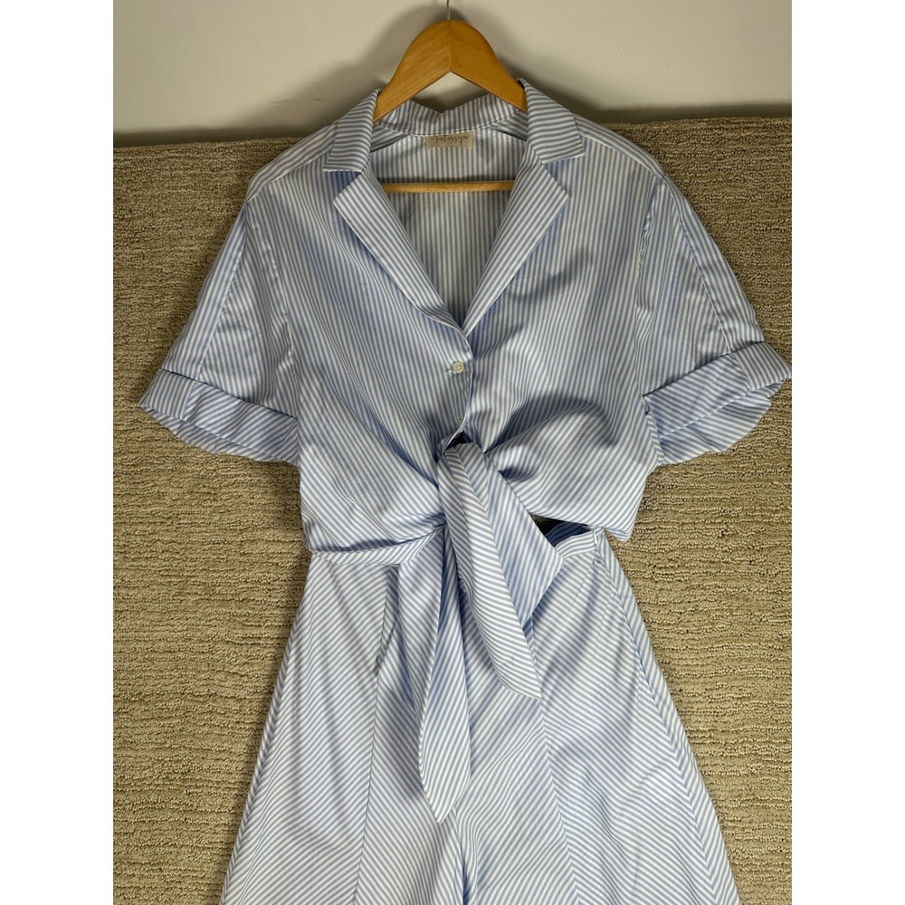 Petersyn Blue White Striped Tie Front Cutout Back Wide Leg Cotton Jumpsuit Small